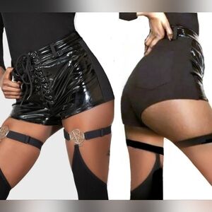 Killstar Exxanimate blk vinyl hot pants corset tie front sexy shorts XXL NWT
